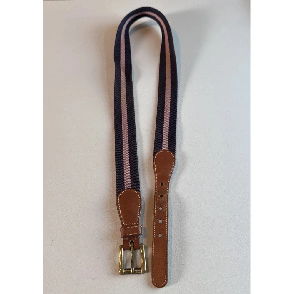 Dooney & Bourke Sz 34 Navy Striped Wool Leather Brass Surcingle Belt Preppy USA